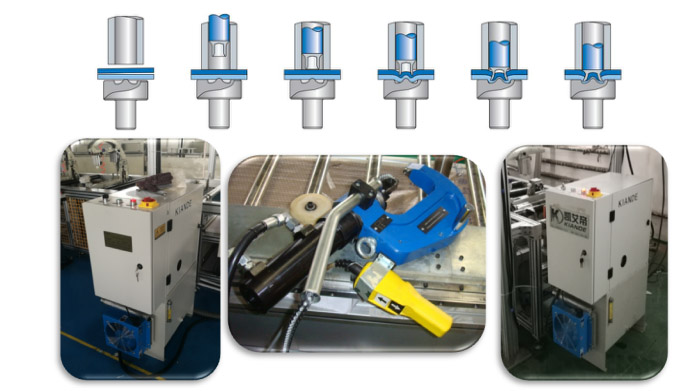 Close-up view of the busbar riveting machine head demonstrating pressing-in and embossing capabilities